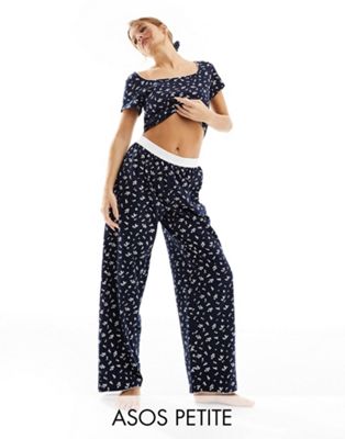 ASOS DESIGN Petite mix & match ditsy print pyjama trouser with exposed waistband and picot trim in navy