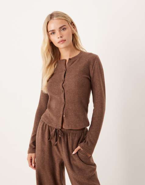ASOS DESIGN Petite mix & match lightweight fleece cardigan in chocolate brown - view 1