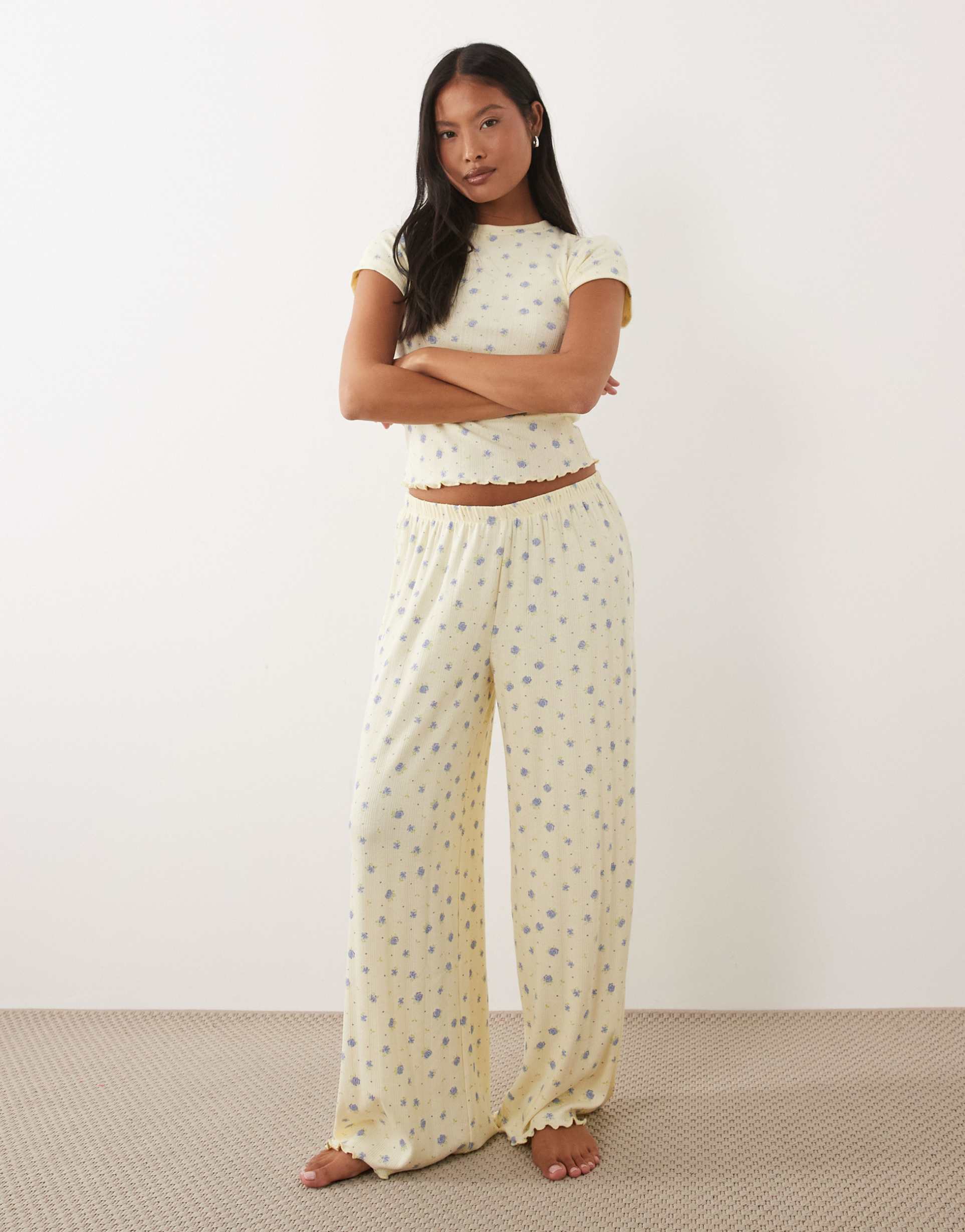 asos design petite mix & match pointelle pajama pants in buttermilk & blue ditsy print