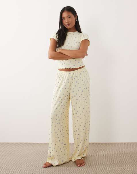 ASOS DESIGN Petite mix & match pointelle pyjama trouser in buttermilk & blue ditsy print - view 1