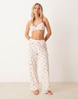 ASOS DESIGN Petite - Mix & Match - Pyjama-Hose aus Lochstrick mit Blümchenmuster-Weiß