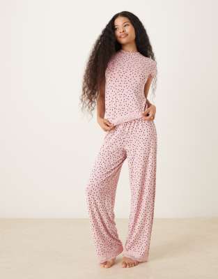 ASOS DESIGN Petite - Mix & Match - Pyjama-Hose in Rosa mit weitem Bein, Spitzenborte und Herzmuster