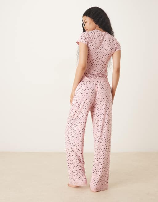 ASOS DESIGN Petite – Mix & Match – Pyjama-Hose in Rosa mit weitem Bein, Spitzenborte und Herzmuster, 4 von 5