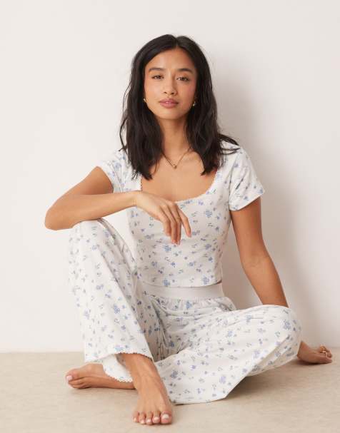 ASOS DESIGN Petite mix & match pyjama trouser with exposed waistband and picot trim in ditsy print - view 1