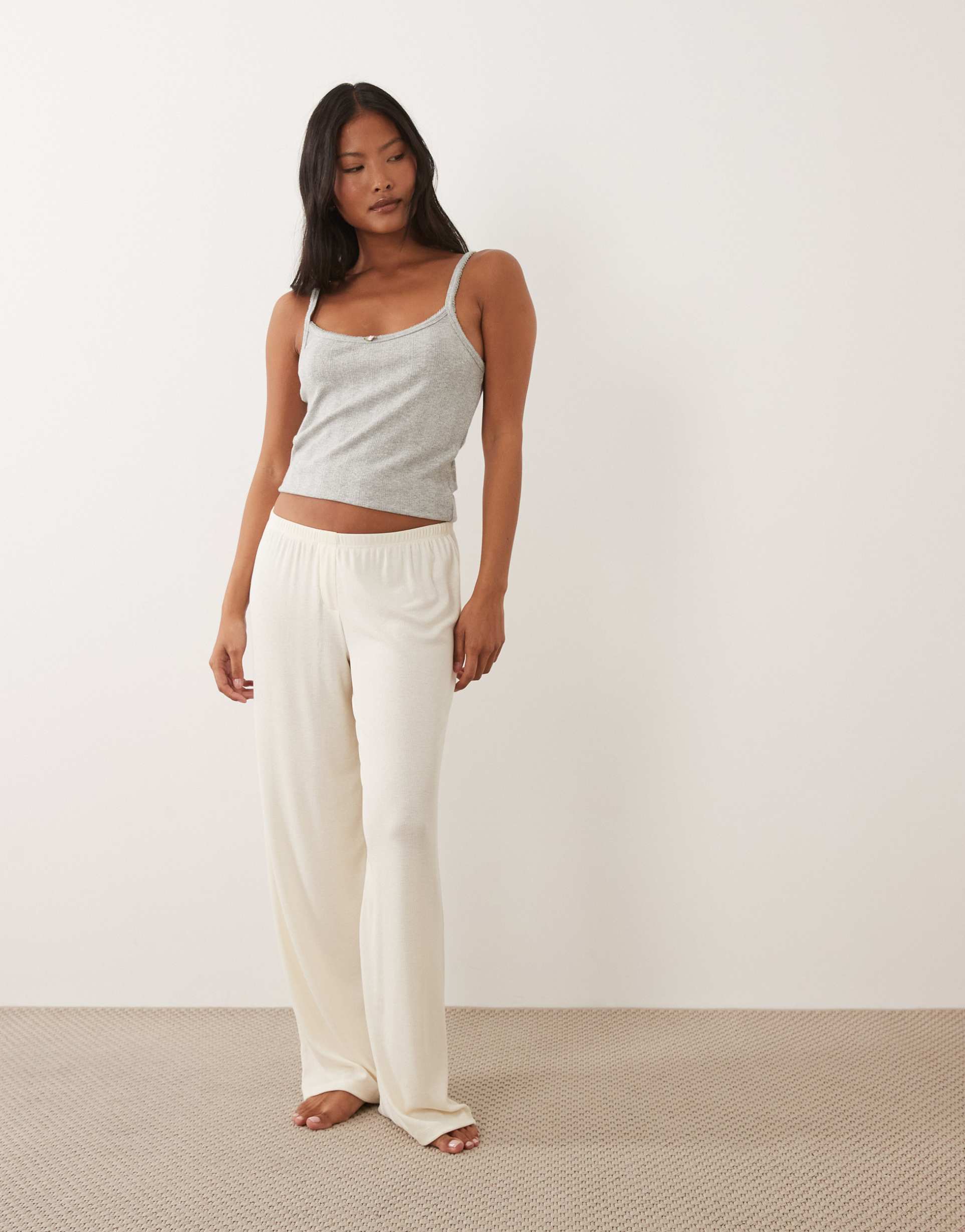 asos design petite mix & match rib knit wide leg pajama pants in ivory