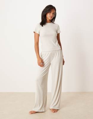 ASOS DESIGN Petite mix & match rib pyjama trouser in beige-Neutral