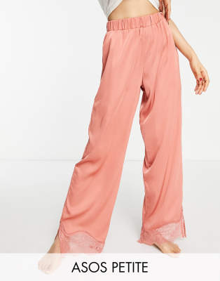 ASOS DESIGN Petite - Mix & match - Satijnen pyjamabroek met kant in roestkleur