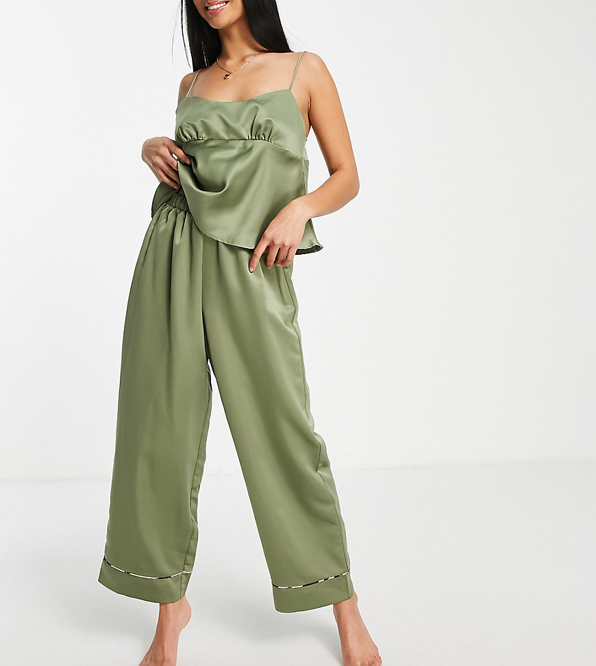 Asos Design Petite Mix & Match Satin Pyjama Trouser With Animal Print Piping In Olive-Green
