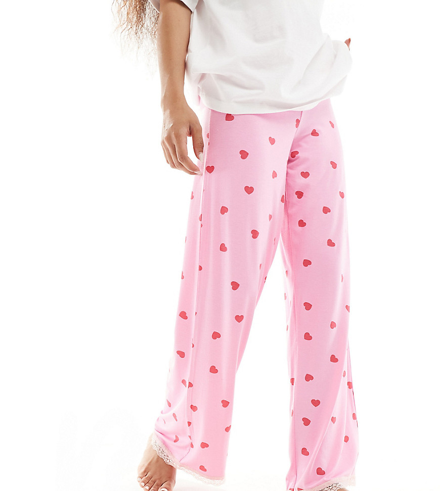 ASOS DESIGN Petite mix & match super soft heart print pyjama trouser in pink