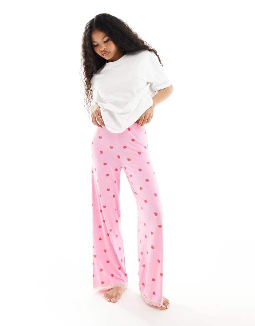 ASOS DESIGN Petite mix & match super soft heart print pyjama trouser in pink, 3 of 5