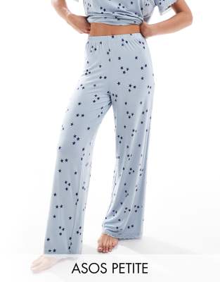 ASOS DESIGN Petite - Mix & Match - Superweiche Pyjama-Hose in Blau mit Sternmuster und Spitzenborte