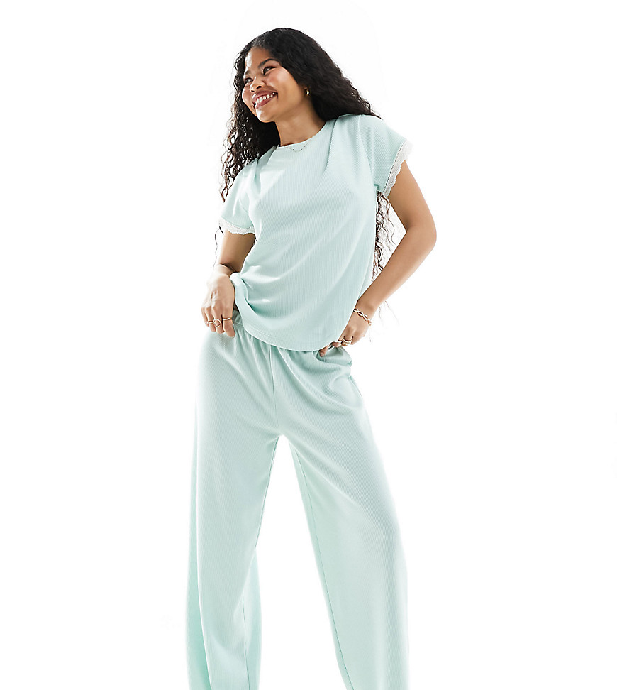 Asos Petite Asos Design Petite Mix & Match Waffle & Lace Pajama Pants In Green