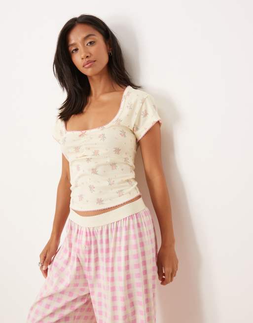 ASOS DESIGN Petite – Mixa och matcha – Rosa, ginghamrutiga pyjamasbyxor med synligt midjeband, 4 av 4