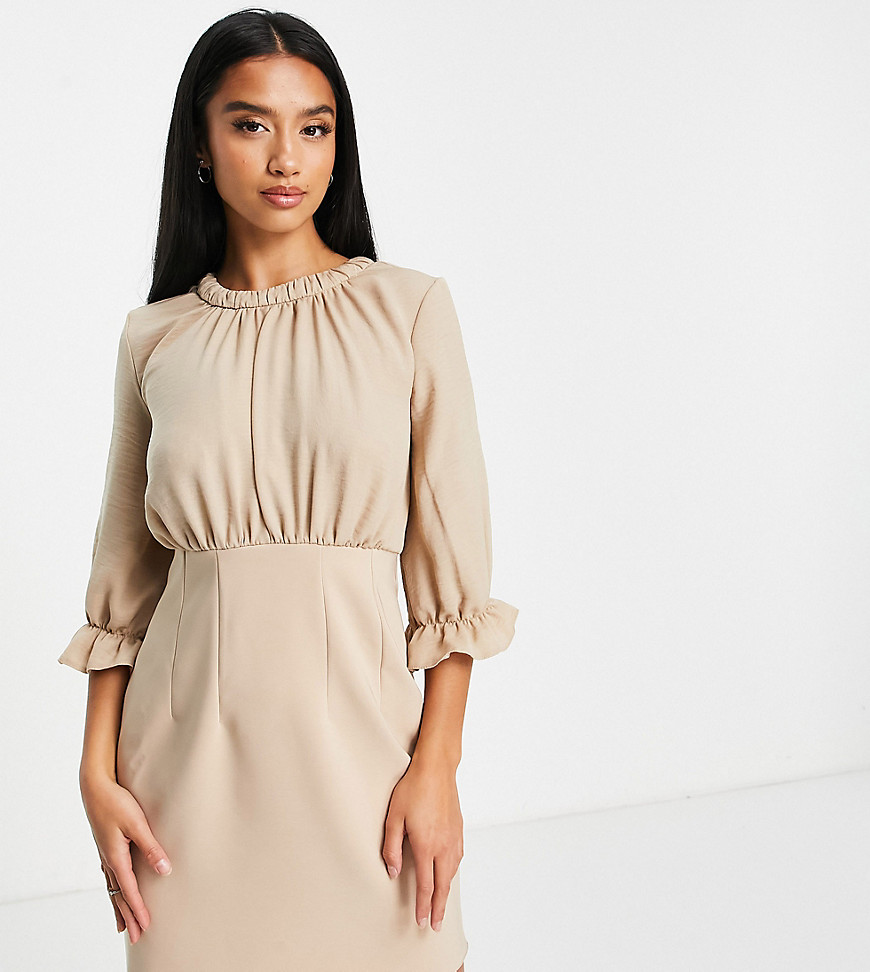 ASOS DESIGN Petite mixed fabric mini dress with frill sleeves in stone-Neutral