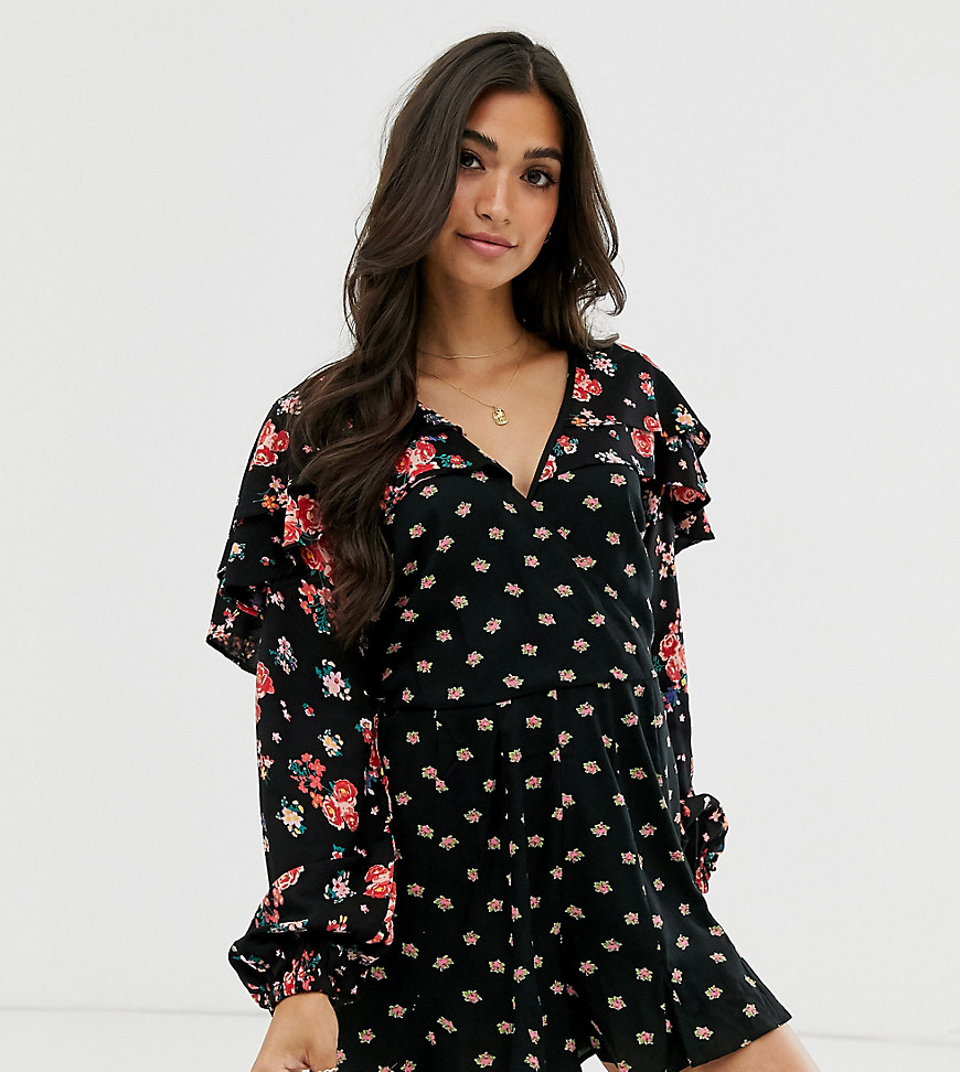 ASOS DESIGN Petite mixed floral playsuit with ruffle sleeve-Multi
