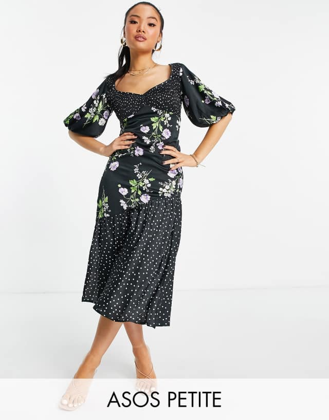 ASOS DESIGN Petite mixed print shirred midi tea dress with bubble sleeves