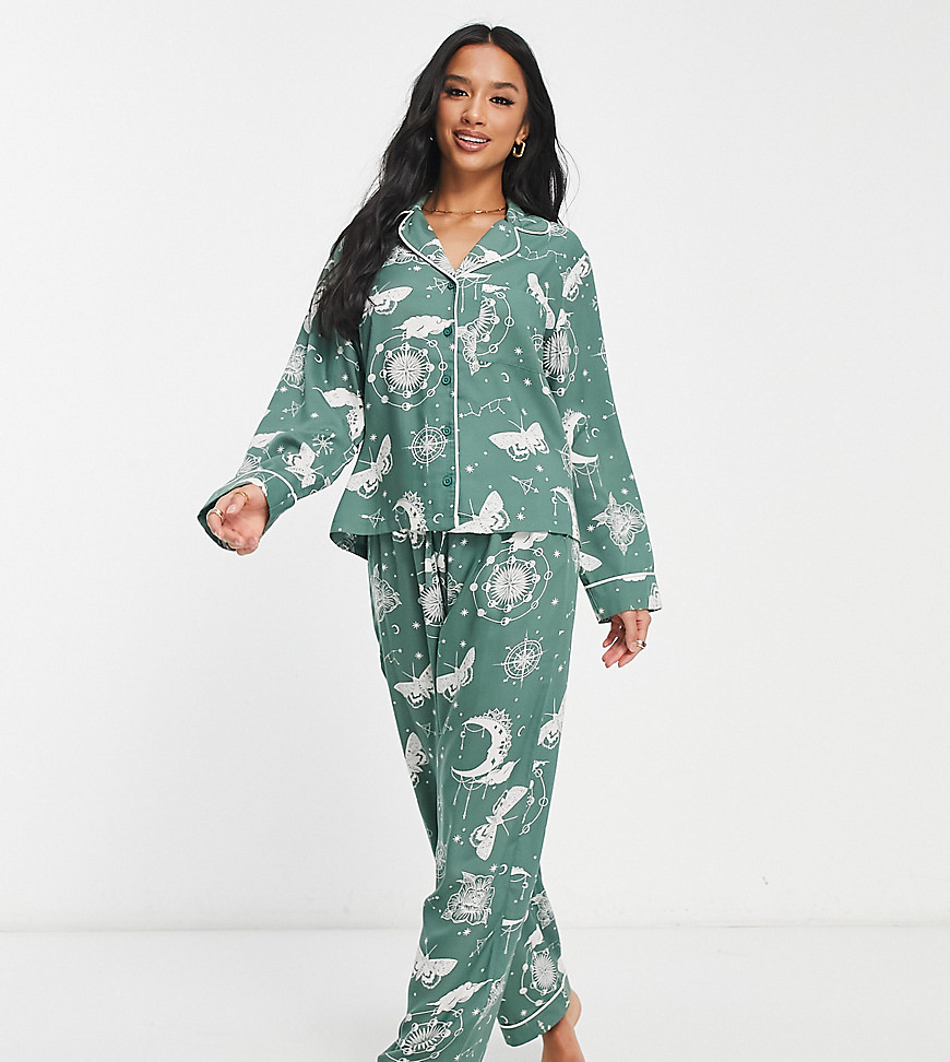 Asos Petite Asos Design Petite Modal Astrology Shirt & Pants Pajama Set In Sage-green