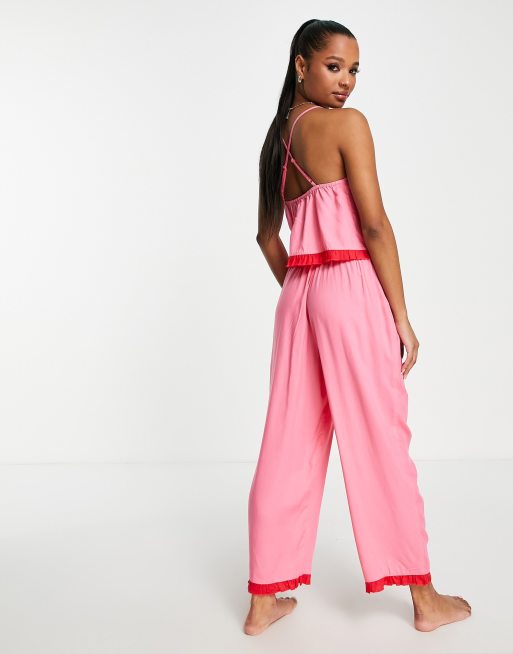 ASOS DESIGN Petite modal cami & pants pyjama set with contrast frill in pink & red, 3 of 4