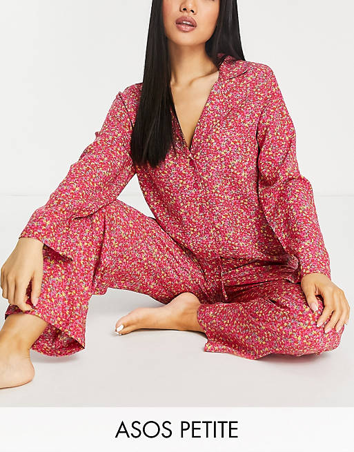  Petite modal ditsy floral shirt & trouser pyjama set in red & pink 
