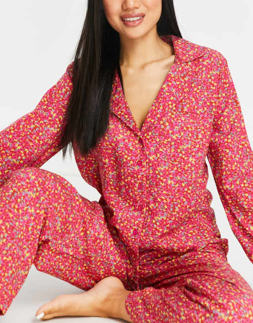 ASOS DESIGN Petite modal ditsy floral shirt trouser pyjama set in red pink