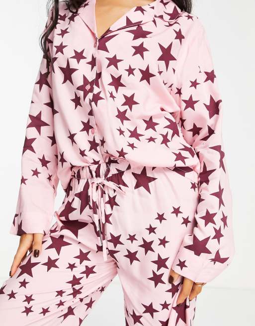 ASOS DESIGN Petite modal star long sleeve shirt & pant pajama set in pink, 2 of 4