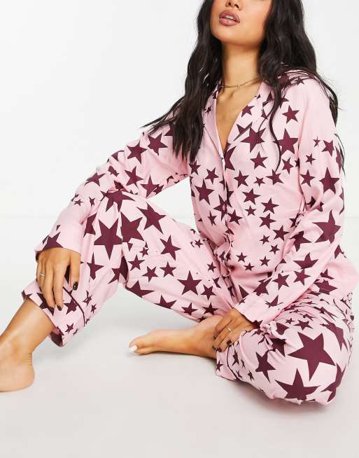 ASOS DESIGN Petite modal star long sleeve shirt & pant pajama set in pink, 4 of 4