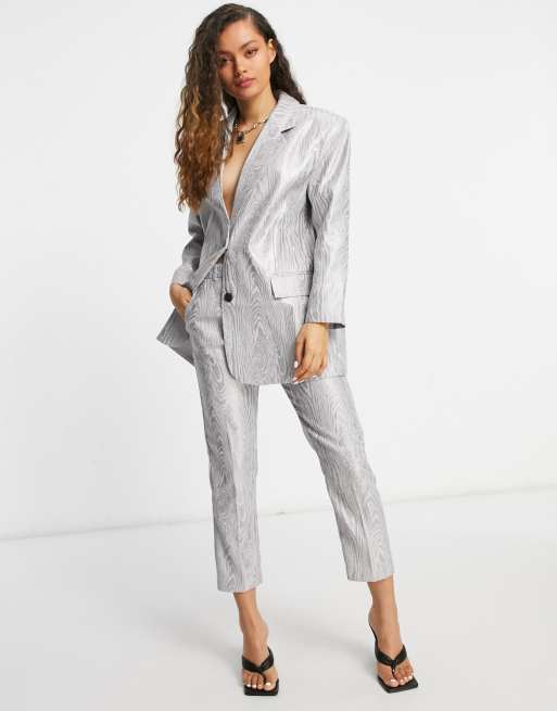 ASOS DESIGN Petite moire suit pants in metallic silver ASOS