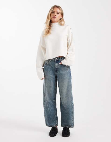 ASOS DESIGN Petite – Mörkblå, vintagetvättade, ankellånga jeans med barrelben och markerad midja - view 1
