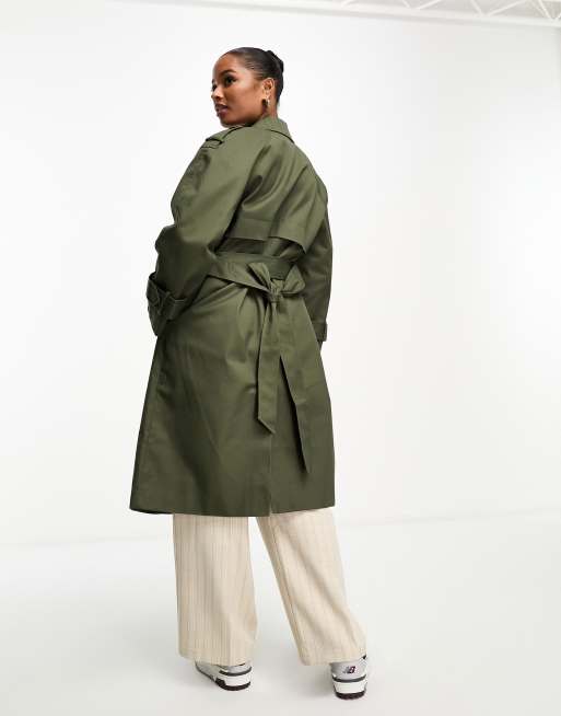ASOS DESIGN Petite – Mörkt kakifärgad trenchcoat i lång modell, 3 av 4