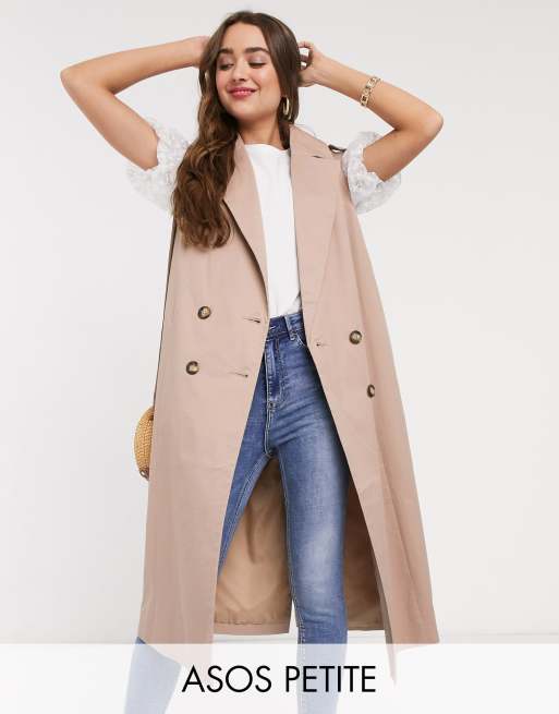 ASOS DESIGN - Petite - Mouwloze trenchcoat in kiezelkleur