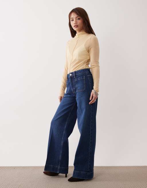 ASOS DESIGN Petite - Mørk forvaskede højtaljede jeans med vide ben og forlommer, 3 af 5