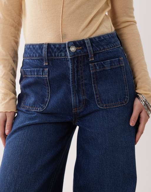 ASOS DESIGN Petite - Mørk forvaskede højtaljede jeans med vide ben og forlommer, 5 af 5