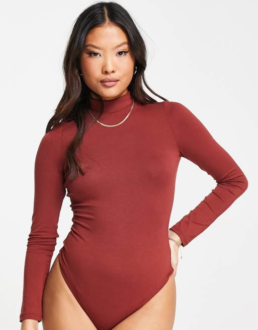 ASOS DESIGN Petite - Mørkerød bodystocking med rullekrave og lange ærmer, 4 af 4
