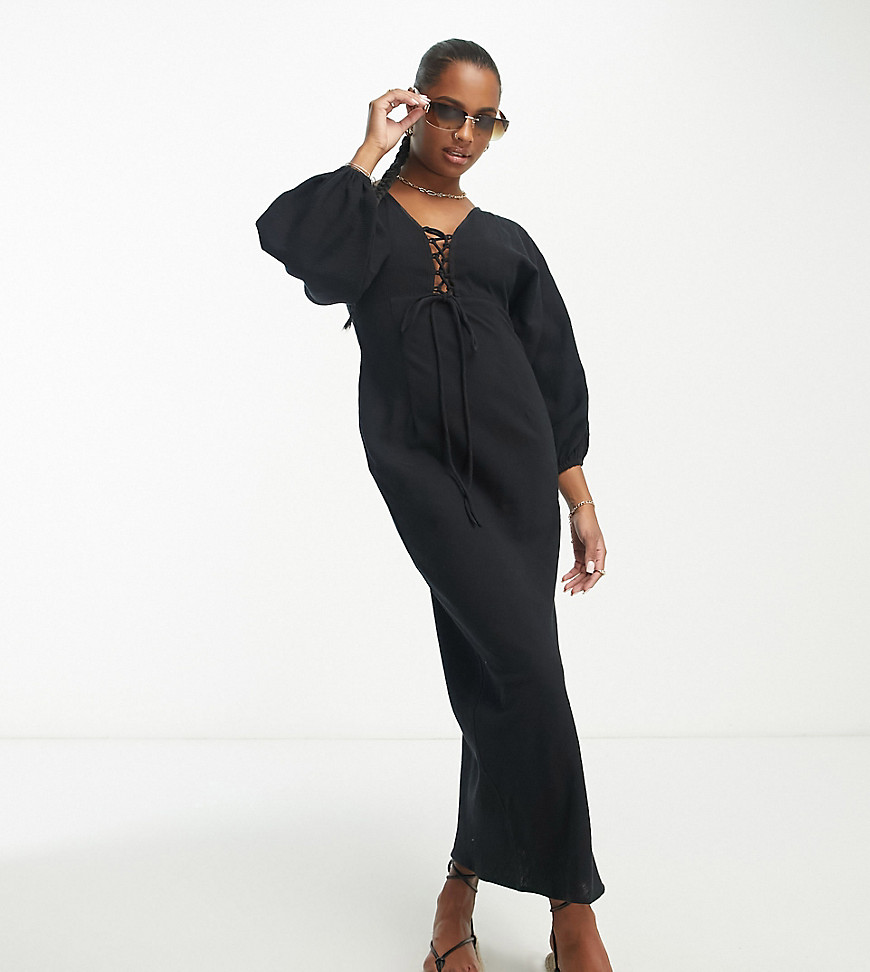 Asos Petite Asos Design Petite Natural Crinkle Bias Maxi Dress With Lace Up Detail In Black-neutral