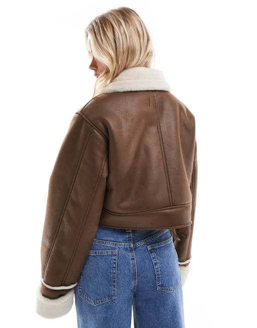 ASOS DESIGN Petite - Nøddebrun jakke med krave i imiteret lammeskind, 4 af 4