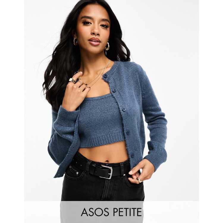 ASOS DESIGN Petite neat fit cardigan twin set co ord in blue ASOS