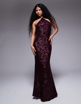 ASOS DESIGN Petite - Neckholder-Maxikleid in Burgunderrot mit durchgängigem Paillettenbesatz