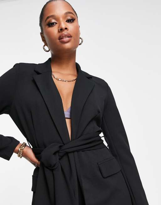 ASOS DESIGN Petite - Nette jersey blazer met gestrikte obi-taille in zwart , 3 van 4