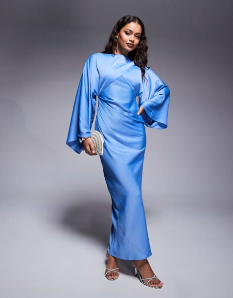 ASOS DESIGN Petite – Niebieska satynowa sukienka maxi cięta ze skosu z nietoperzowymi rękawami i kopertowym przodem - view 1