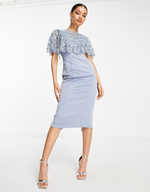 ASOS DESIGN Petite – Niebieska sukienka midi ze zdobioną pelerynką