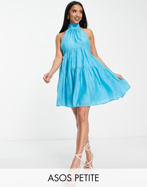 ASOS DESIGN Petite – Niebieska wiązana na plecach warstwowa sukienka mini z dekoltem typu halter z woalu