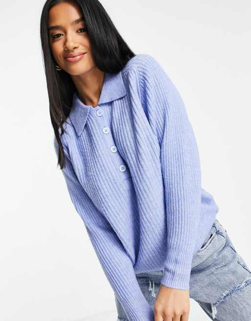 ASOS DESIGN Petite – Niebieski prążkowany sweter z kołnierzykiem polo, 3 z 4