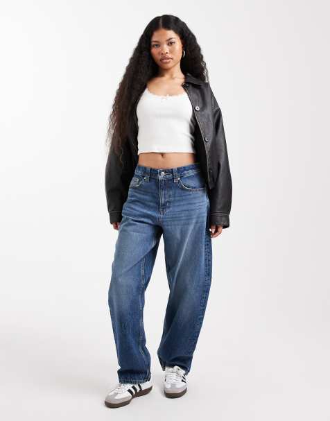 ASOS DESIGN Petite slim barrel leg jeans in mid blue