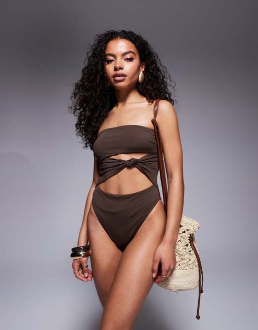 ASOS DESIGN Petite - Nina - Chokoladebrun badedragt med knude, 4 af 4