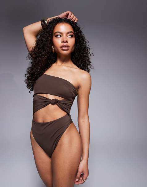 ASOS DESIGN Petite – Nina – Geknoteter Badeanzug in Schokobraun - view 1