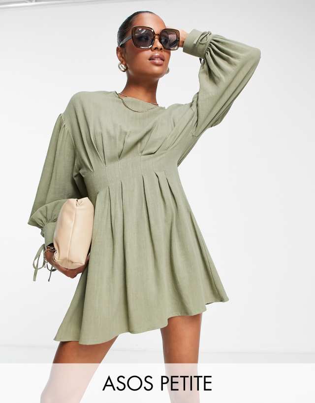 ASOS DESIGN Petite nipped in waist linen mini dress in khaki