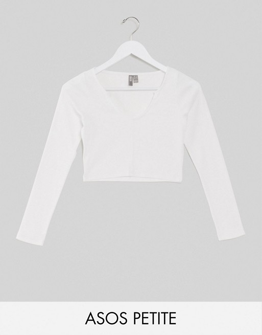 ASOS DESIGN Petite notch front long sleeve crop top in rib in white