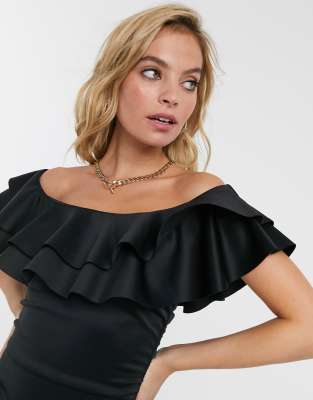 bardot ruffle mini dress