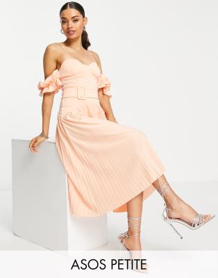 ASOS DESIGN Petite off shoulder belted midi dress in orange - ORANGE