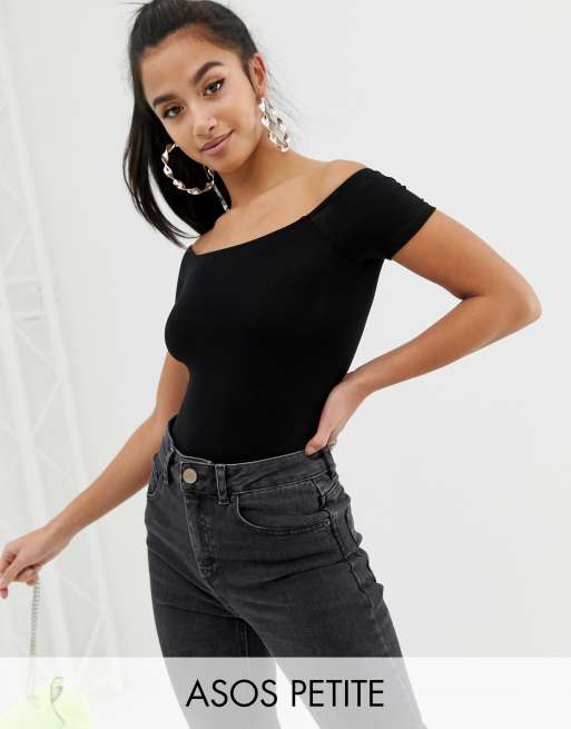 ASOS DESIGN Petite off shoulder bodysuit with short sleeve in black | ASOS